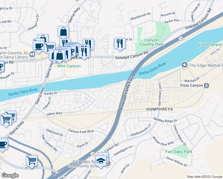 map of restaurants, bars, coffee shops, grocery stores, and more near 17801 Danielson Street in Los Angeles County