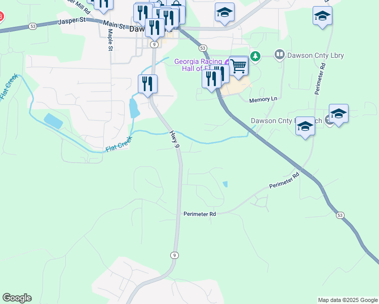 map of restaurants, bars, coffee shops, grocery stores, and more near 591 Georgia 9 in Dawsonville