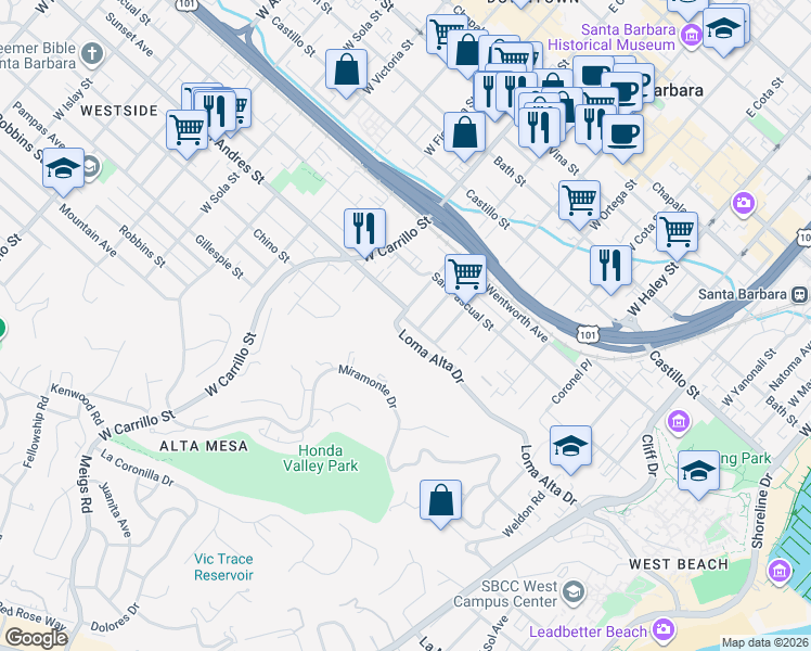 map of restaurants, bars, coffee shops, grocery stores, and more near 829 Marilla Avenue in Santa Barbara