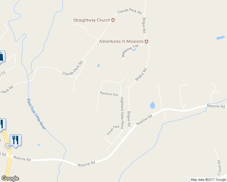 map of restaurants, bars, coffee shops, grocery stores, and more near 4416 Barefoot Run in Gainesville