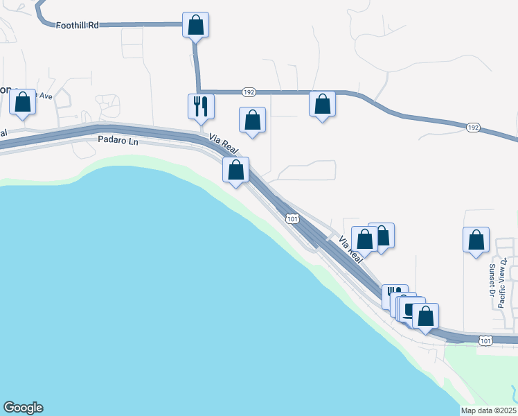 map of restaurants, bars, coffee shops, grocery stores, and more near 3519 Padaro Lane in Carpinteria