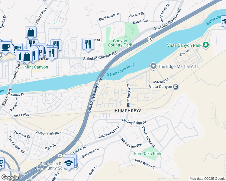 map of restaurants, bars, coffee shops, grocery stores, and more near 17621 Pauline Court in Santa Clarita