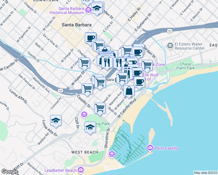 map of restaurants, bars, coffee shops, grocery stores, and more near 118 Los Aguajes Avenue in Santa Barbara