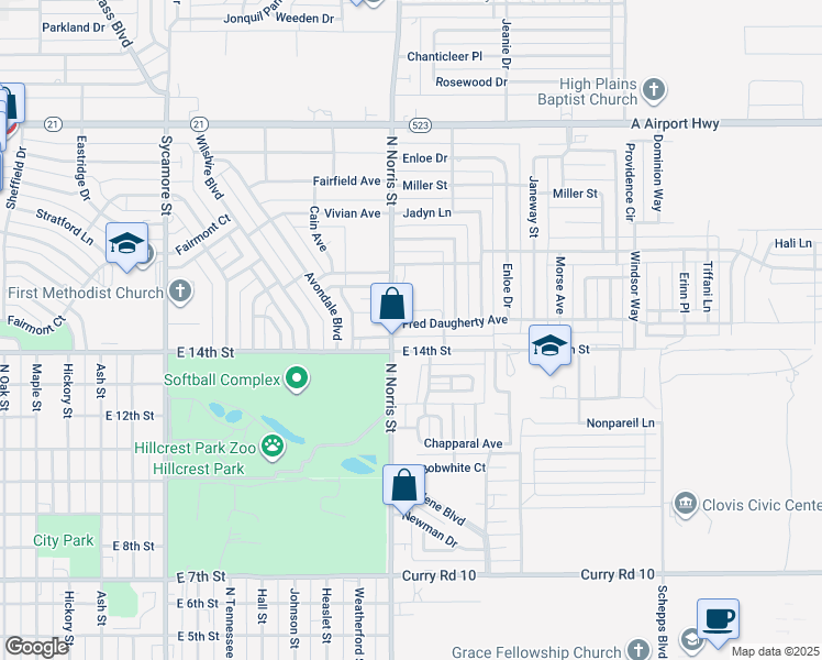 map of restaurants, bars, coffee shops, grocery stores, and more near 2116 Fred Daugherty Avenue in Clovis
