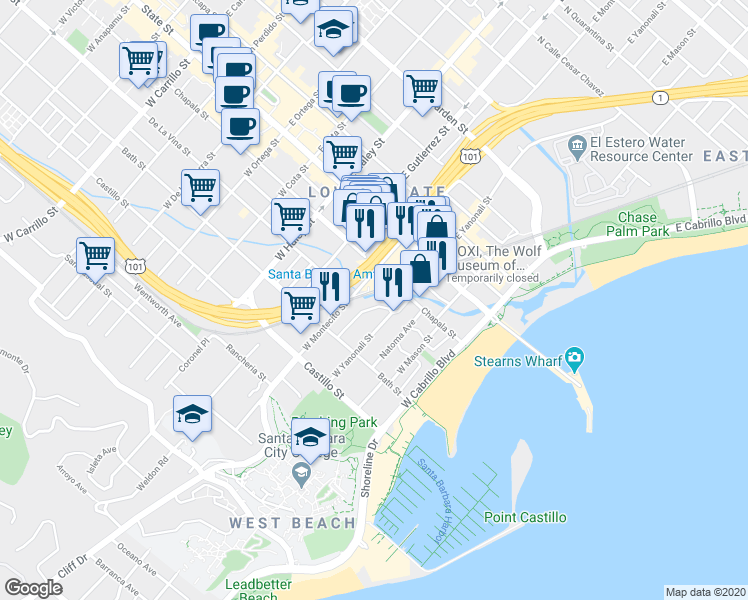 map of restaurants, bars, coffee shops, grocery stores, and more near 199 West Montecito Street in Santa Barbara