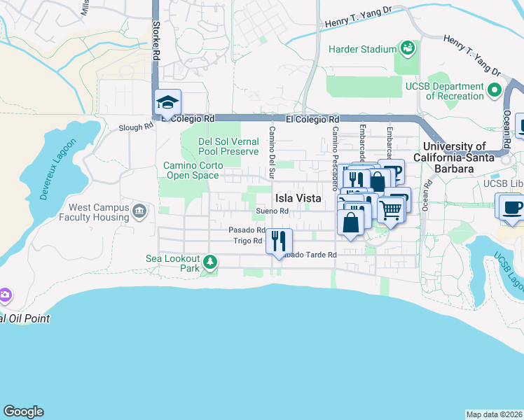 map of restaurants, bars, coffee shops, grocery stores, and more near 6722 Sueno Road in Isla Vista