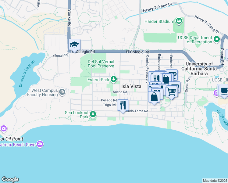 map of restaurants, bars, coffee shops, grocery stores, and more near 6722 Sueno Road in Isla Vista
