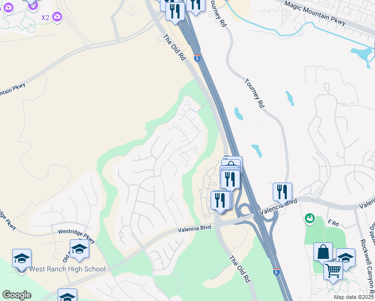 map of restaurants, bars, coffee shops, grocery stores, and more near 25443 Eagle Lane in Stevenson Ranch