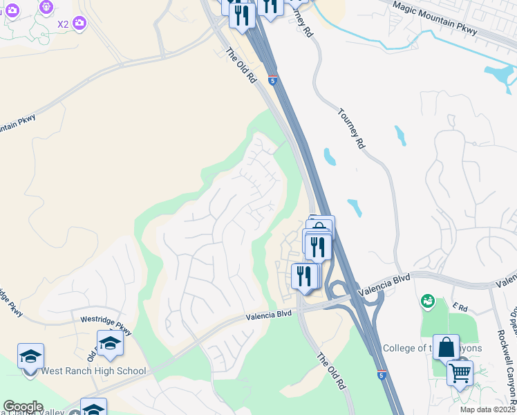 map of restaurants, bars, coffee shops, grocery stores, and more near 25443 Eagle Lane in Stevenson Ranch