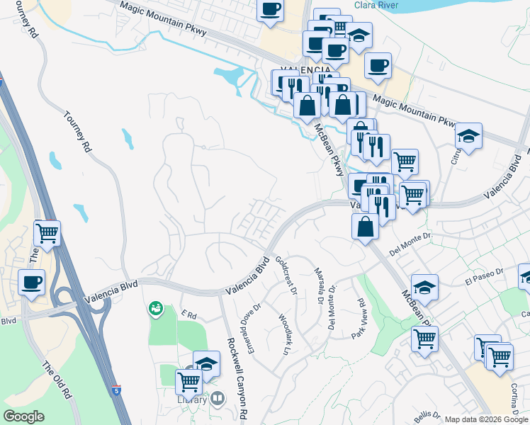 map of restaurants, bars, coffee shops, grocery stores, and more near 27003 San Ysidro Avenue in Santa Clarita