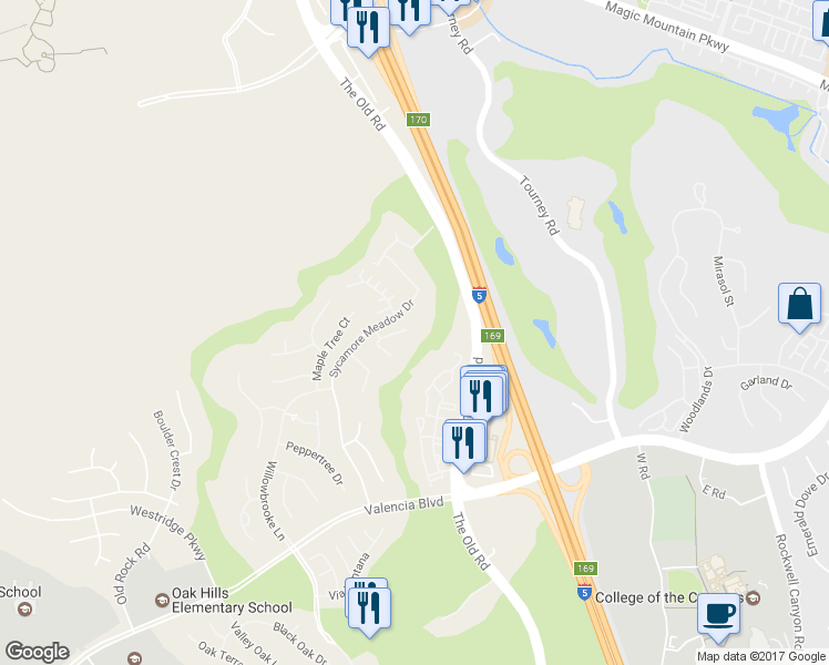 map of restaurants, bars, coffee shops, grocery stores, and more near 25411 Eagle Lane in Los Angeles County