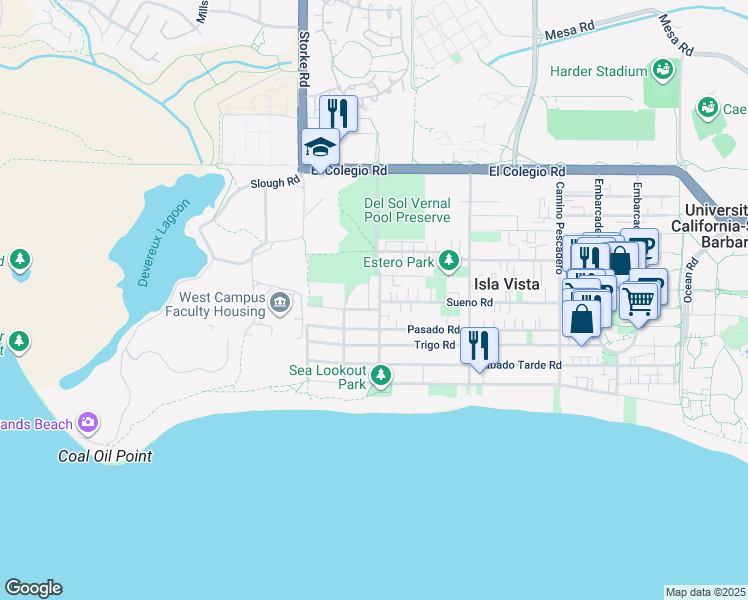 map of restaurants, bars, coffee shops, grocery stores, and more near 897 Camino Corto in Goleta