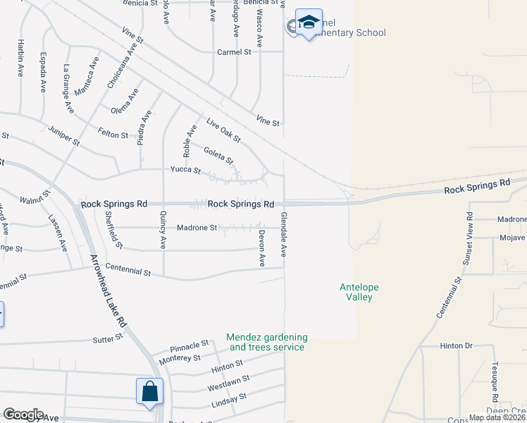 map of restaurants, bars, coffee shops, grocery stores, and more near 19237 Rocksprings Road in Hesperia