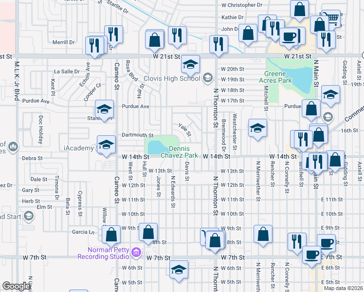 map of restaurants, bars, coffee shops, grocery stores, and more near 100 Yale Street in Clovis