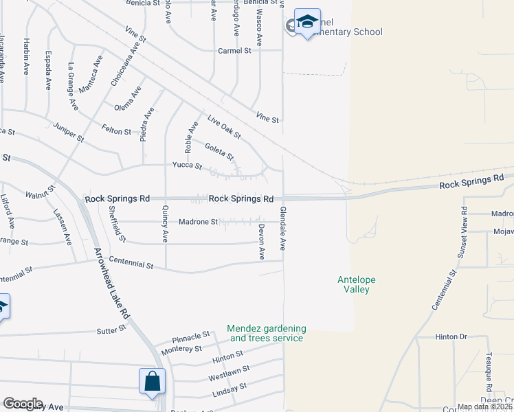 map of restaurants, bars, coffee shops, grocery stores, and more near 19237 Rocksprings Road in Hesperia