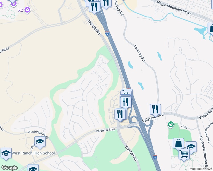 map of restaurants, bars, coffee shops, grocery stores, and more near 25405 Eagle Lane in Los Angeles County