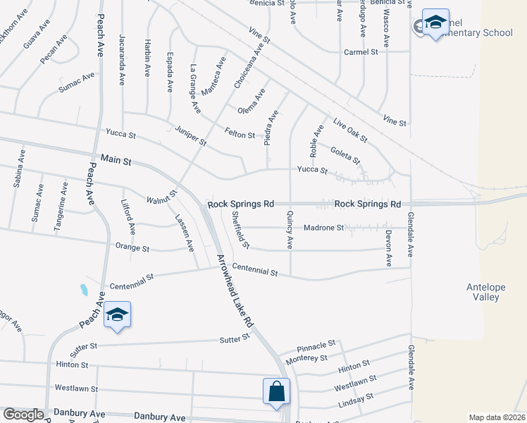 map of restaurants, bars, coffee shops, grocery stores, and more near 18891 Rock Springs Road in Hesperia