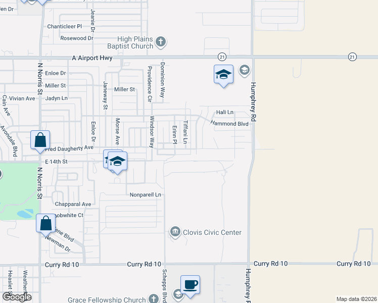 map of restaurants, bars, coffee shops, grocery stores, and more near 2717 Fred Daugherty Avenue in Clovis