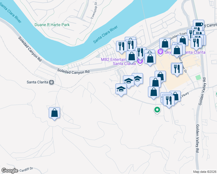 map of restaurants, bars, coffee shops, grocery stores, and more near 26141 Gravett Place in Santa Clarita