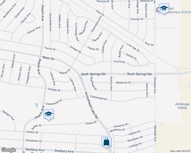 map of restaurants, bars, coffee shops, grocery stores, and more near 18839 Rock Springs Road in Hesperia