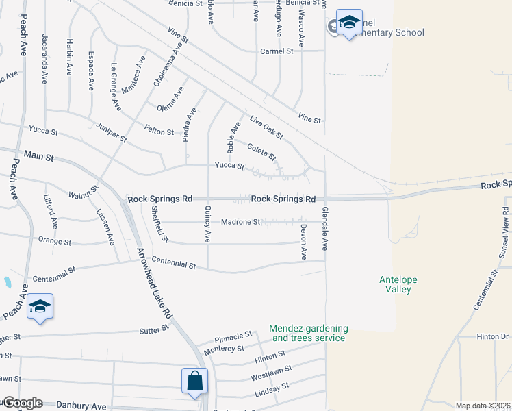 map of restaurants, bars, coffee shops, grocery stores, and more near 19095 Rock Springs Road in Hesperia