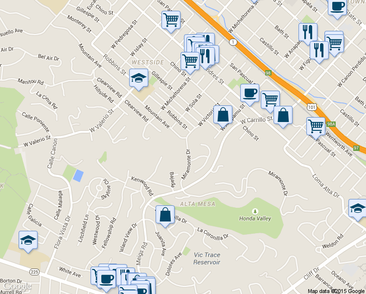 map of restaurants, bars, coffee shops, grocery stores, and more near 1215 Miramonte Drive in Santa Barbara