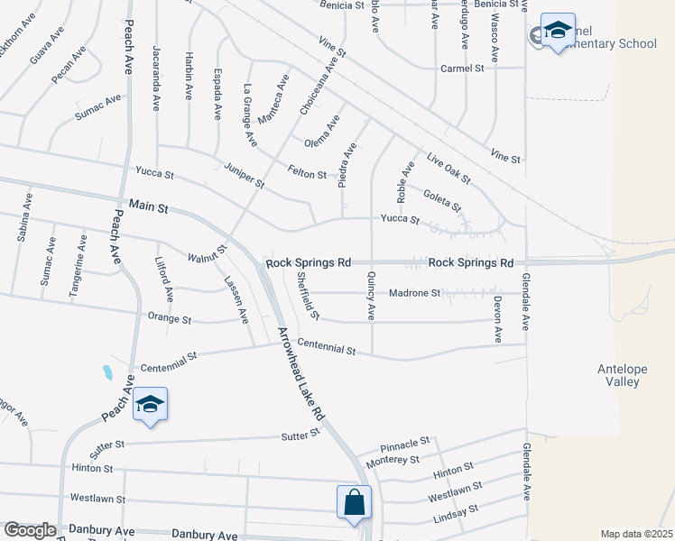 map of restaurants, bars, coffee shops, grocery stores, and more near 18891 Rock Springs Road in Hesperia