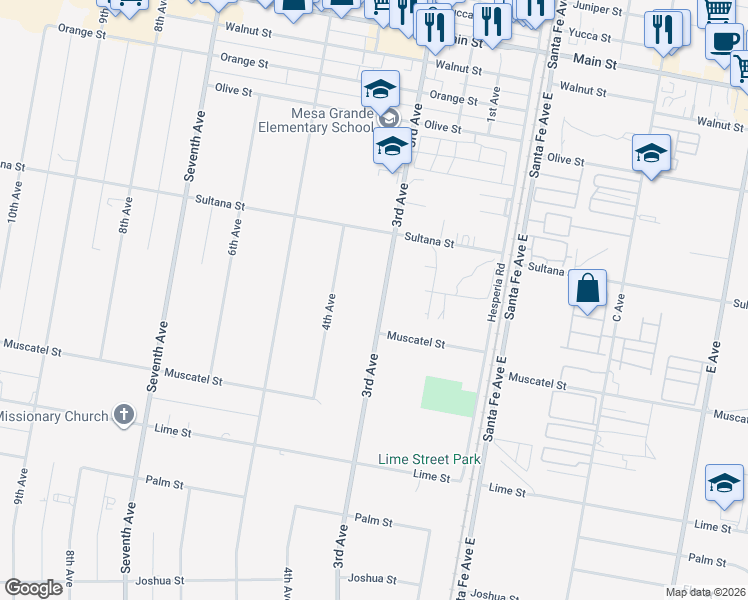 map of restaurants, bars, coffee shops, grocery stores, and more near 8922 3rd Avenue in Hesperia