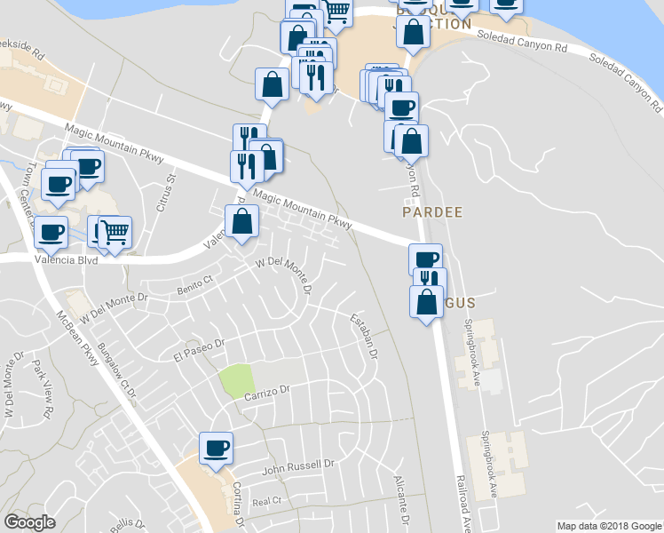 map of restaurants, bars, coffee shops, grocery stores, and more near 23424 Gaucho Court in Santa Clarita