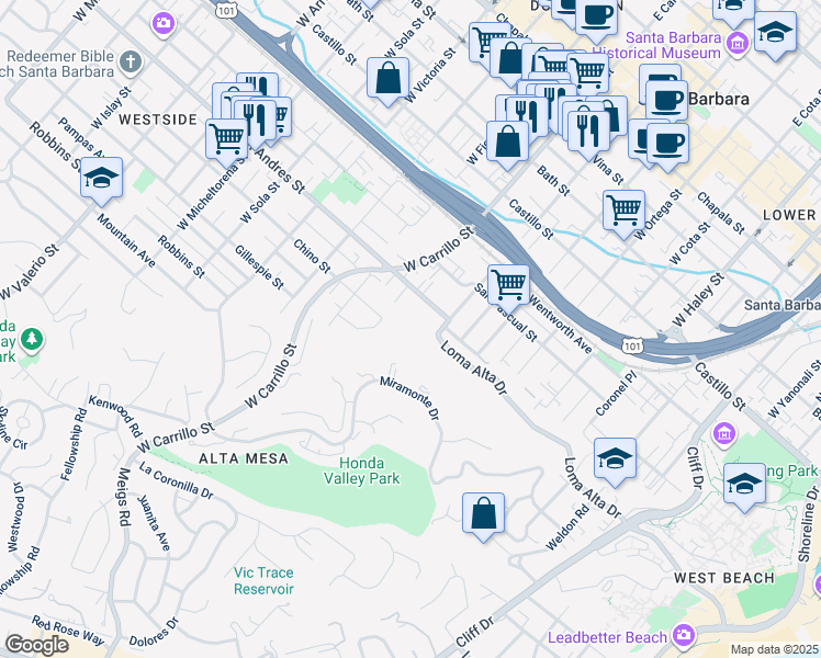 map of restaurants, bars, coffee shops, grocery stores, and more near 935 San Andres Street in Santa Barbara