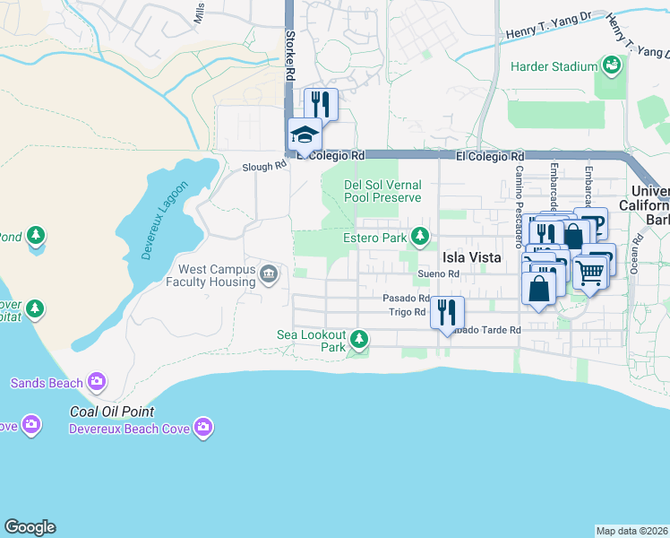 map of restaurants, bars, coffee shops, grocery stores, and more near 860 Camino Lindo in Goleta