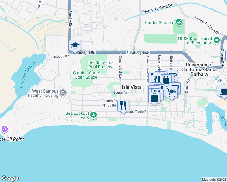 map of restaurants, bars, coffee shops, grocery stores, and more near 6722 Sueno Road in Isla Vista