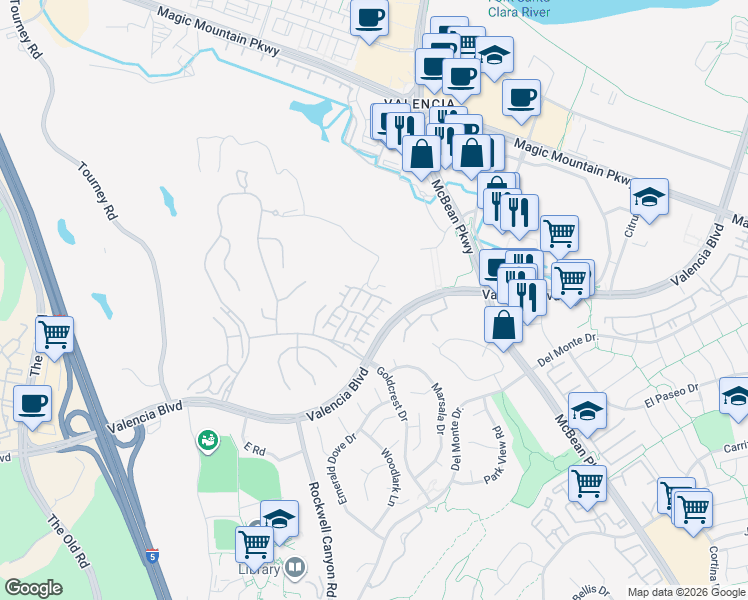 map of restaurants, bars, coffee shops, grocery stores, and more near 27013 Monterey Avenue in Santa Clarita