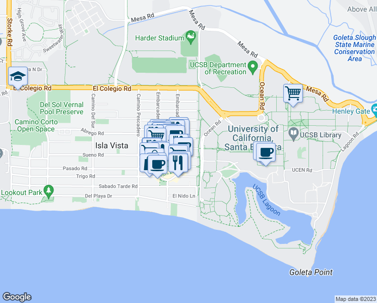 map of restaurants, bars, coffee shops, grocery stores, and more near 6515 Pardall Road in Goleta