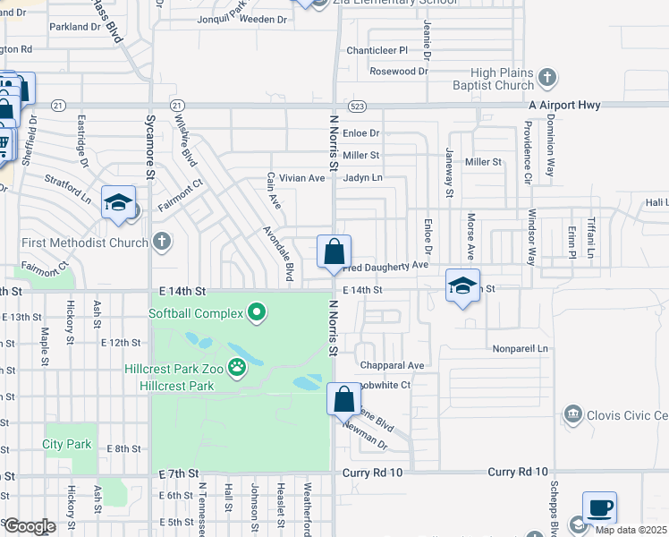 map of restaurants, bars, coffee shops, grocery stores, and more near 1469 North Norris Street in Clovis
