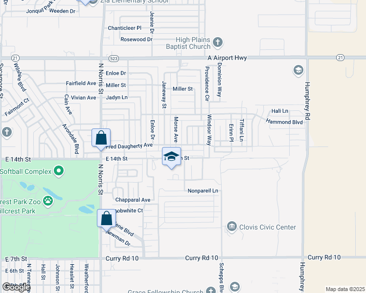 map of restaurants, bars, coffee shops, grocery stores, and more near 2529 Fred Daugherty Avenue in Clovis