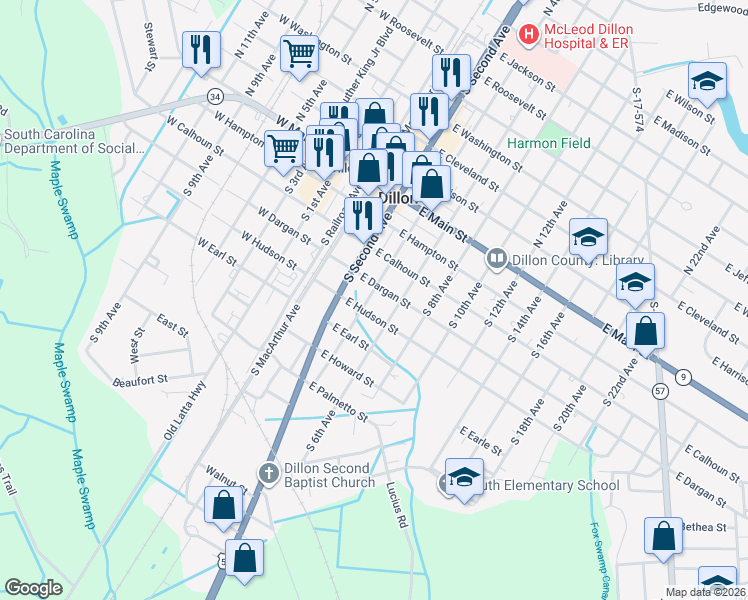 map of restaurants, bars, coffee shops, grocery stores, and more near 405 South 4th Avenue in Dillon