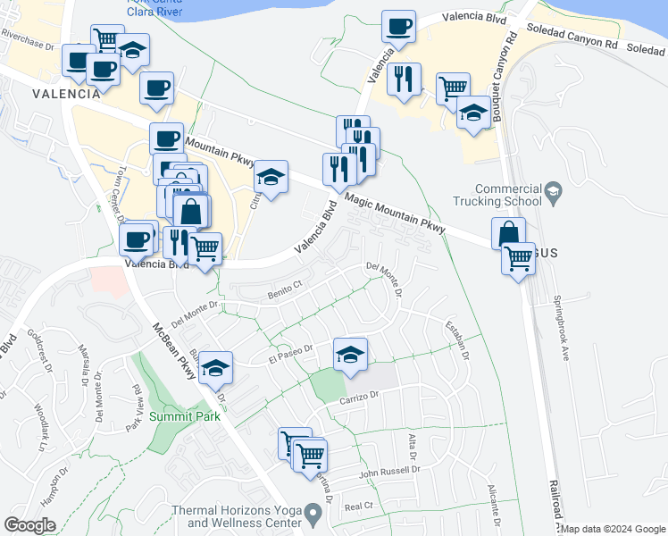 map of restaurants, bars, coffee shops, grocery stores, and more near 225 La Vita Court in Santa Clarita