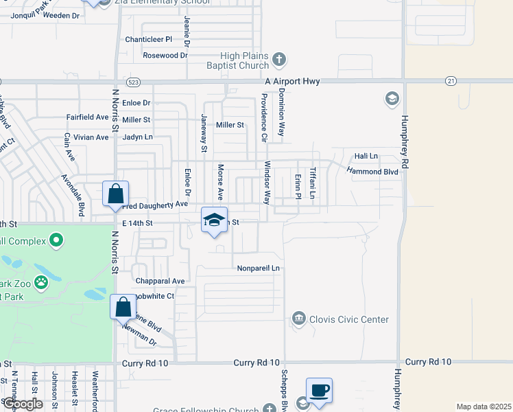 map of restaurants, bars, coffee shops, grocery stores, and more near 2557B Fred Daugherty Avenue in Clovis