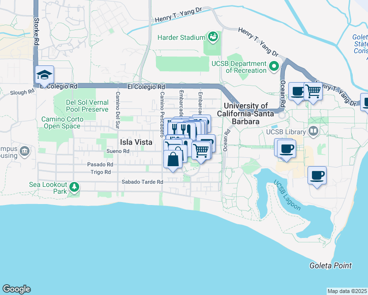 map of restaurants, bars, coffee shops, grocery stores, and more near 6581 Pardall Road in Goleta