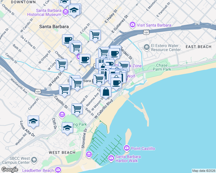 map of restaurants, bars, coffee shops, grocery stores, and more near 101 State Street in Santa Barbara