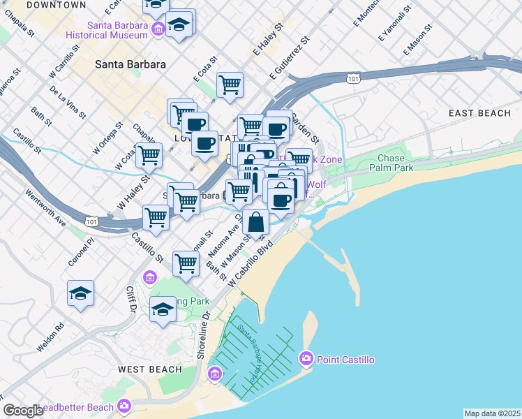 map of restaurants, bars, coffee shops, grocery stores, and more near 101 State Street in Santa Barbara