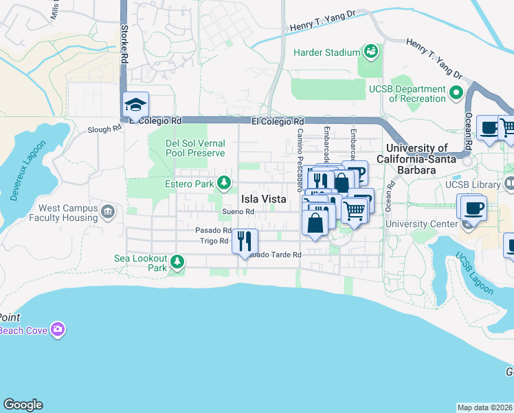 map of restaurants, bars, coffee shops, grocery stores, and more near 6680 Sueno Road in Goleta