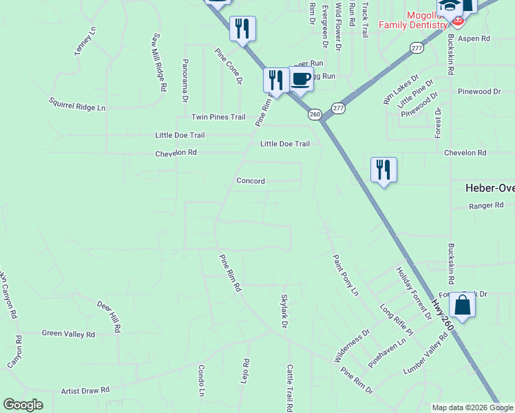 map of restaurants, bars, coffee shops, grocery stores, and more near 2950 Country View Lane in Heber-Overgaard