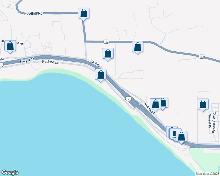 map of restaurants, bars, coffee shops, grocery stores, and more near 3519 Padaro Lane in Carpinteria