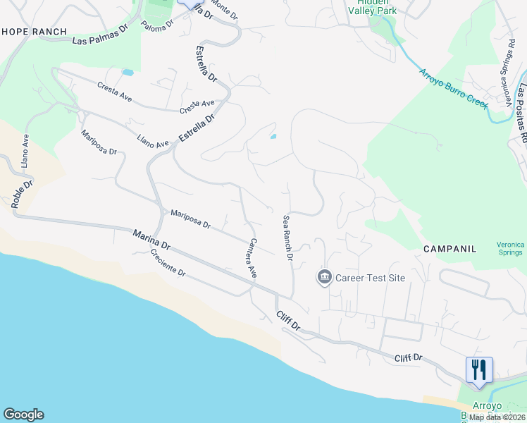 map of restaurants, bars, coffee shops, grocery stores, and more near 4015 Corta Road in Santa Barbara