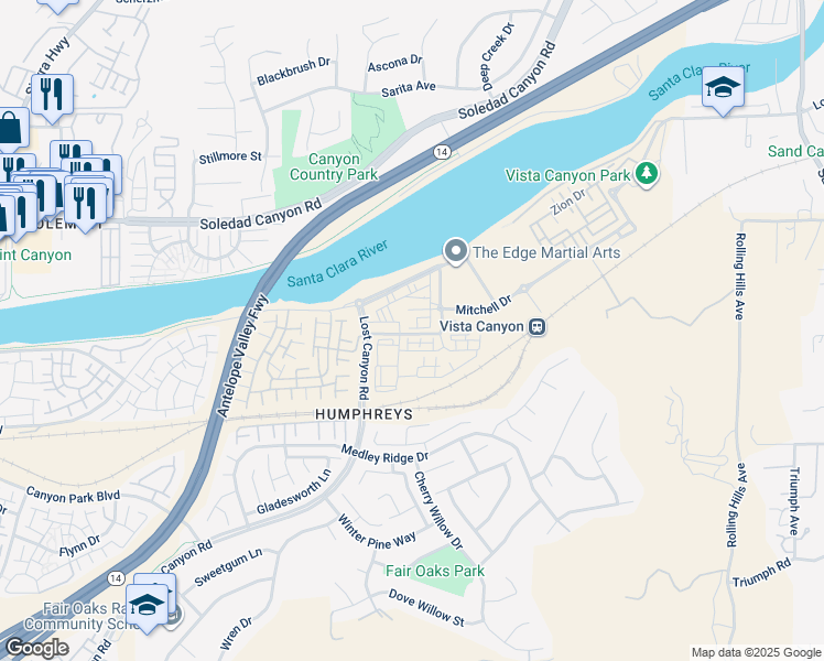 map of restaurants, bars, coffee shops, grocery stores, and more near 17350 Humphreys Parkway in Santa Clarita