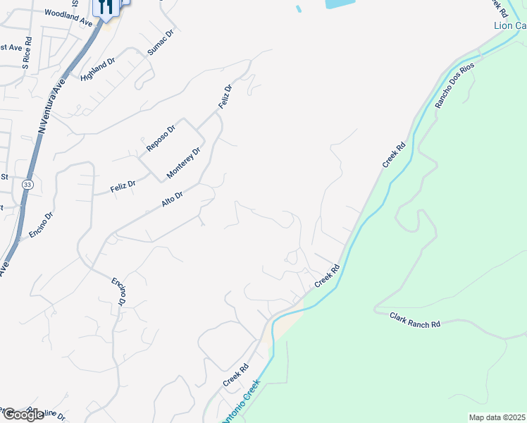 map of restaurants, bars, coffee shops, grocery stores, and more near 11065 Creek Road in Ojai