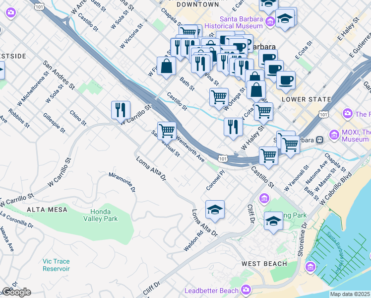 map of restaurants, bars, coffee shops, grocery stores, and more near 705 Wentworth Ave in Santa Barbara