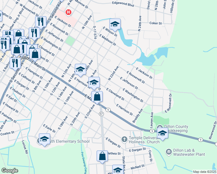 map of restaurants, bars, coffee shops, grocery stores, and more near 1201 East Cleveland Street in Dillon